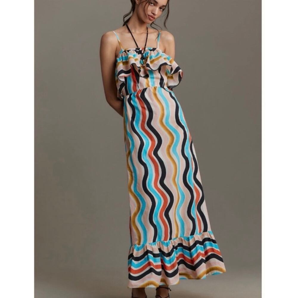 FARM Rio Ruffle Maxi Dress Med Tiered Colorful Sleeveless Boho Anthropologie